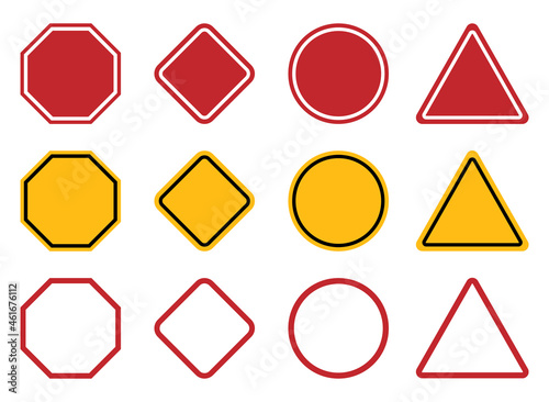 danger or roadsign blank signs, empty red and yellow caution sign set
