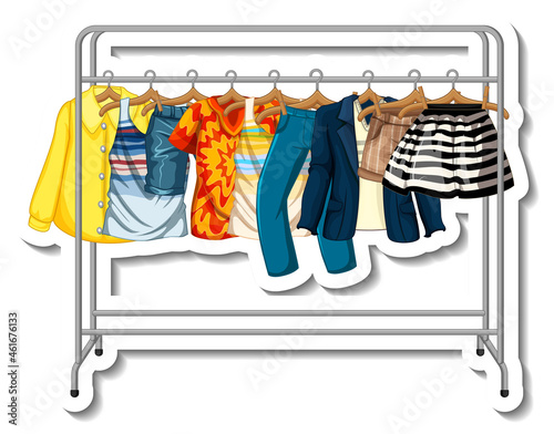 A sticker template of Clothes racks with many clothes on hangers on white bac...