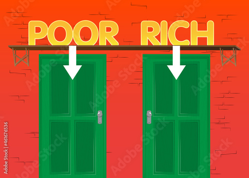Poor or Rich words with arrows with front door background. Bar, Cafe or drink establishment front with poster.