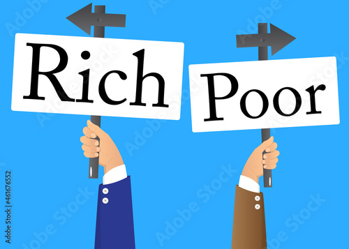 Hands holding up banners with Poor or Rich words with arrows. Man showing billboard banner, sign.
