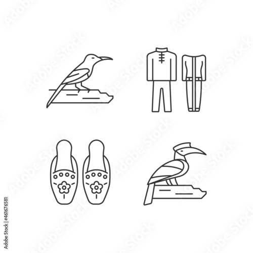 Singaporean bird species linear icons set. Traditional Singapore costume. Beaded slippers. Tropical bird. Customizable thin line contour symbols. Isolated vector outline illustrations. Editable stroke