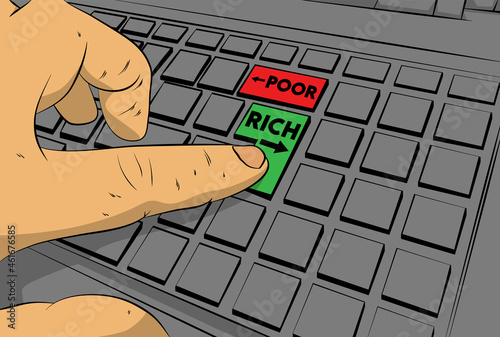 Poor or Rich words with arrows on computer keyboard. Man push keypad on keyboard. Comic book style concept.