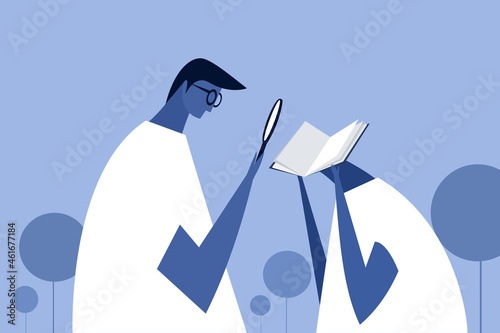 Conceptual illustration of a person examining another person's details from a book