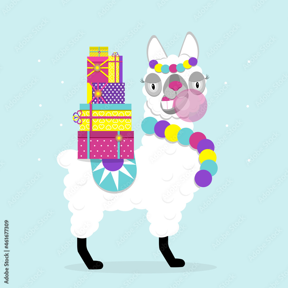 Naklejka premium Funny lama alpaca with New Year's gifts and gum on blue background. Flat image of cute and funny animal.