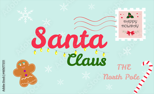 Dear santa claus mail envelope. Christmas surprise letter  child postcard with north pole postmark cachet vector illustration