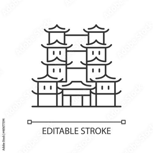 Tooth relic temple linear icon. Spiritual hub for Buddhists. Southern China architecture. Thin line customizable illustration. Contour symbol. Vector isolated outline drawing. Editable stroke