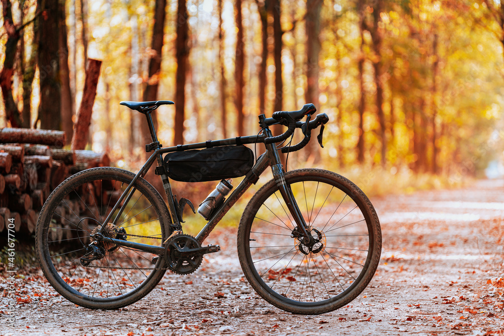 Picture of gravel bike standing on forest road in autumn Picture of gravel bike standing on forest road in autumn