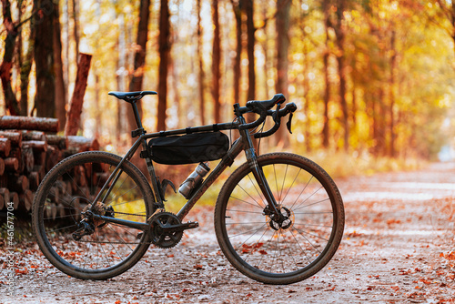 Picture of gravel bike standing on forest road in autumn