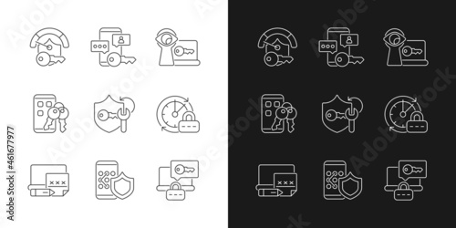 Password requirements linear icons set for dark and light mode. Internet safety. Password management. Customizable thin line symbols. Isolated vector outline illustrations. Editable stroke