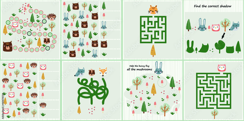 Mini games collections with forest animals  for development. I spy. Maze. Colorful vector illustration in flat style. 