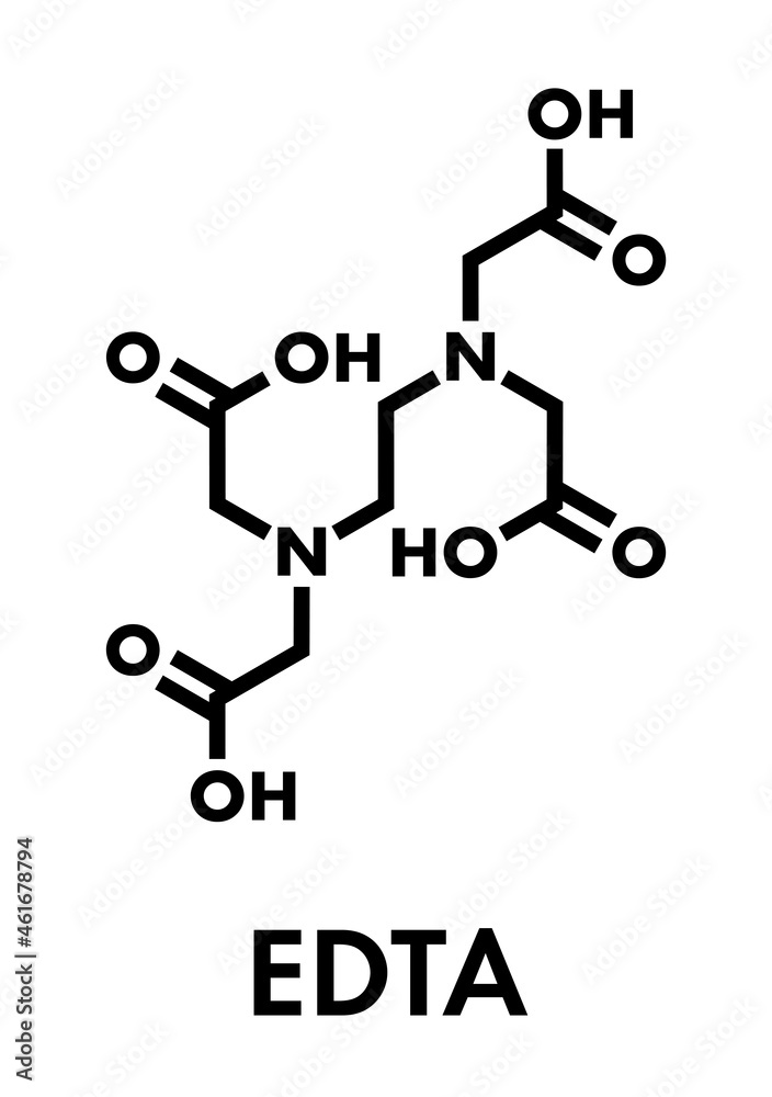 Edetate (EDTA) drug molecule. Medically used in chelation therapy to treat metal poisoning (mercury, lead). Skeletal formula. Edetate (EDTA) drug molecule. Medically used in chelation therapy to treat metal poisoning (mercury, lead). Skeletal formula.