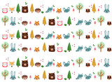 Vector pattern with hand drawn wild forest animals, trees, flowers, mushrooms. Illustration for cards, invitations, baby shower, preschool and children room decoration