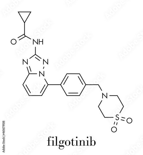 Filgotinib anti-inflammatory drug molecule. Janus kinase 1 inhibitor used in treatment of rheumatoid arthritis and Crohn's disease. Skeletal formula.