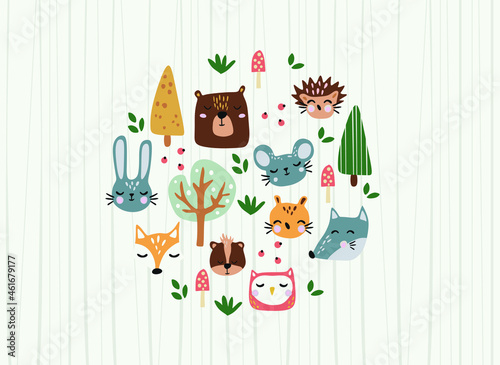 Cute background with forest animals, birds and trees in cartoon style