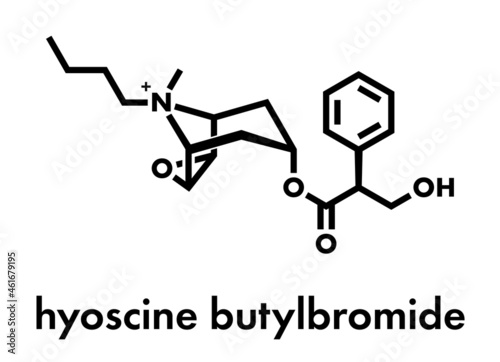 Butylscopolamine (hyoscine butylbromide, scopolamine butylbromide, butylhyoscine) drug molecule. Used in treatment of abdominal and menstrual cramps. Skeletal formula.