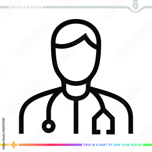 Editable line icon of doctor diagnostics as a customizable black stroke eps vector graphic.