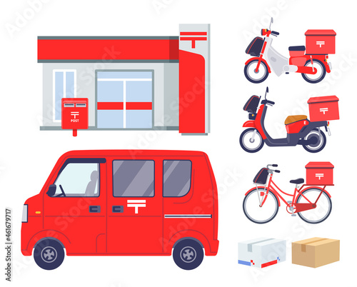 郵便局の乗り物と店舗と荷物のセット photo