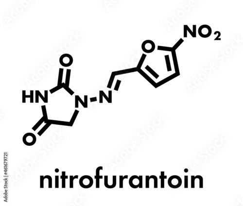 Nitrofurantoin antibiotic drug molecule. Used to treat urinary tract infections (UTI). Skeletal formula.