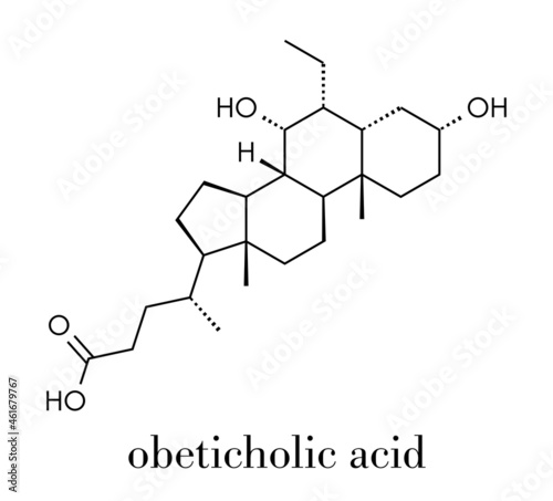 Obeticholic acid liver disease drug molecule. Agonist of farnesoid x receptor (FXR). Skeletal formula. photo