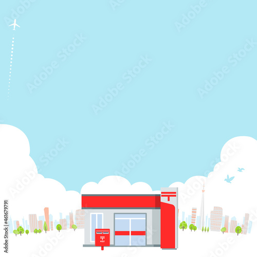 郵便局と夏の都市の街並み。正方形サイズ。