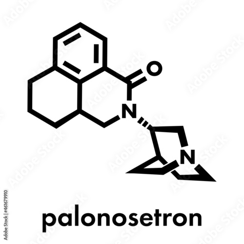 Palonosetron nausea and vomiting drug molecule. 5-HT3 inhibitor used to treat chemotherapy-induced nausea and vomiting (CINV). Skeletal formula.