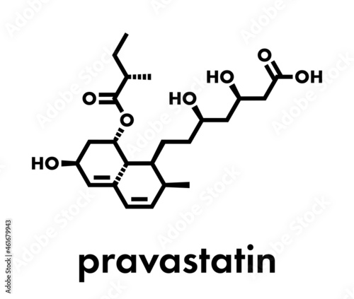 Pravastatin cholesterol lowering drug molecule. Skeletal formula.
