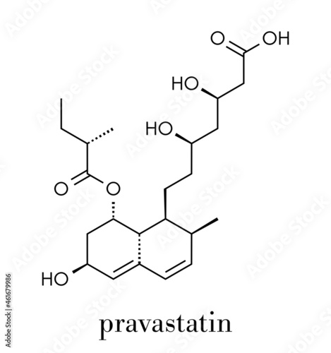 Pravastatin cholesterol lowering drug molecule. Skeletal formula. photo