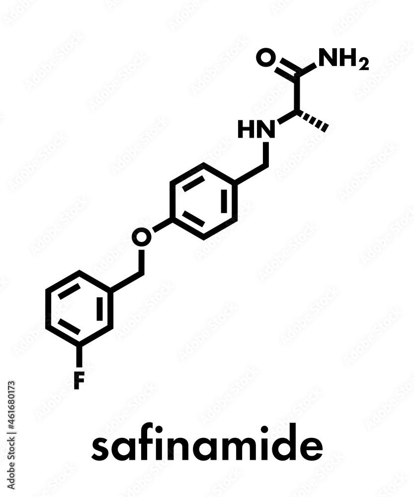 Safinamide Parkinson's disease drug molecule. Skeletal formula. Safinamide Parkinson's disease drug molecule. Skeletal formula.