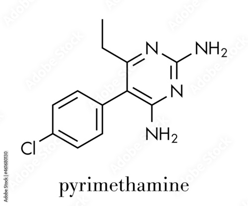 Pyrimethamine malaria drug molecule. Also used as an antiprotozoal drug. Skeletal formula.