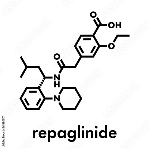 Repaglinide diabetes drug molecule. Skeletal formula.