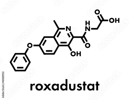 Roxadustat drug molecule. Inhibitor of hypoxia-inducible factor prolyl hydroxylase that is in development (2016) for treatment of anemia in chronic kidney disease. Skeletal formula.