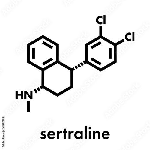 Sertraline antidepressant drug molecule. Skeletal formula.