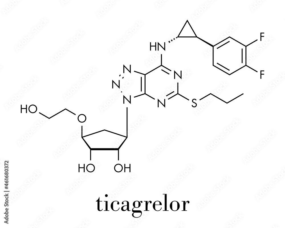 Ticagrelor platelet inhibitor drug. Used to prevent thrombosis. Skeletal formula.