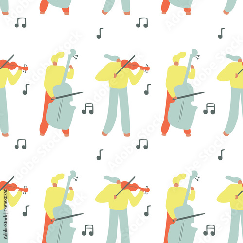 Seamless pattern. Vector illustration with violinist. Cartoon character.