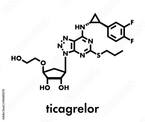 Ticagrelor platelet inhibitor drug. Used to prevent thrombosis. Skeletal formula.