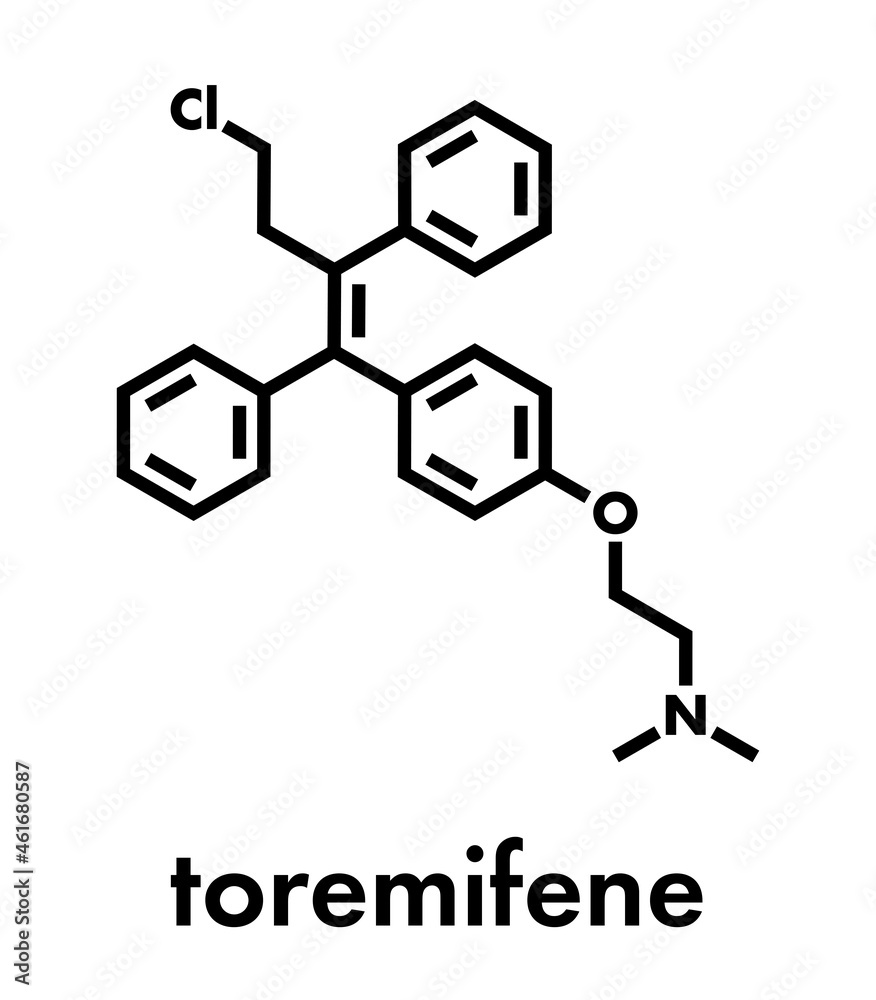 Toremifene oral selective estrogen receptor modulator (SERM) drug molecule. Skeletal formula. Toremifene oral selective estrogen receptor modulator (SERM) drug molecule. Skeletal formula.