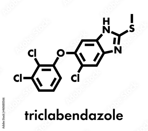 Triclabendazole anthelmintic drug molecule. Skeletal formula.