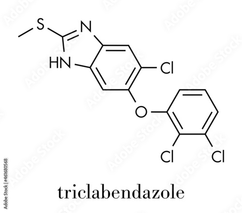 Triclabendazole anthelmintic drug molecule. Skeletal formula.