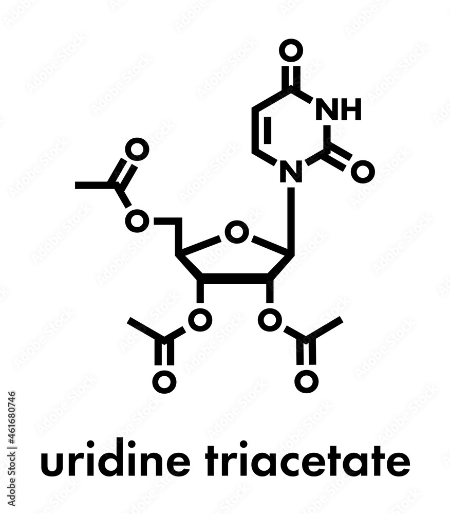 Uridine triacetate drug molecule. Used as antidote to treat chemotherapy overdoses. Skeletal formula. Uridine triacetate drug molecule. Used as antidote to treat chemotherapy overdoses. Skeletal formula.