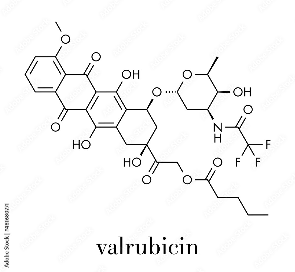 Valrubicin bladder cancer drug molecule. Skeletal formula.