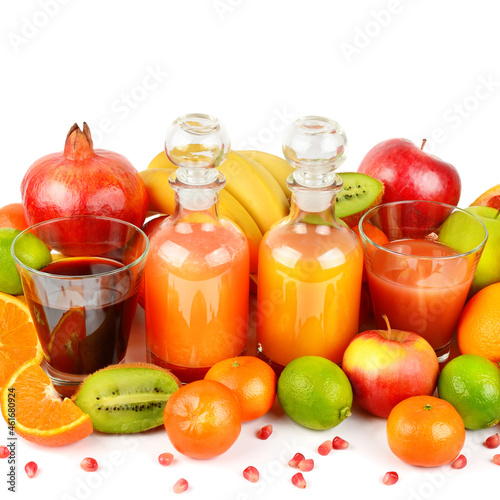 Fruit juices and ripe fruits isolated on white.