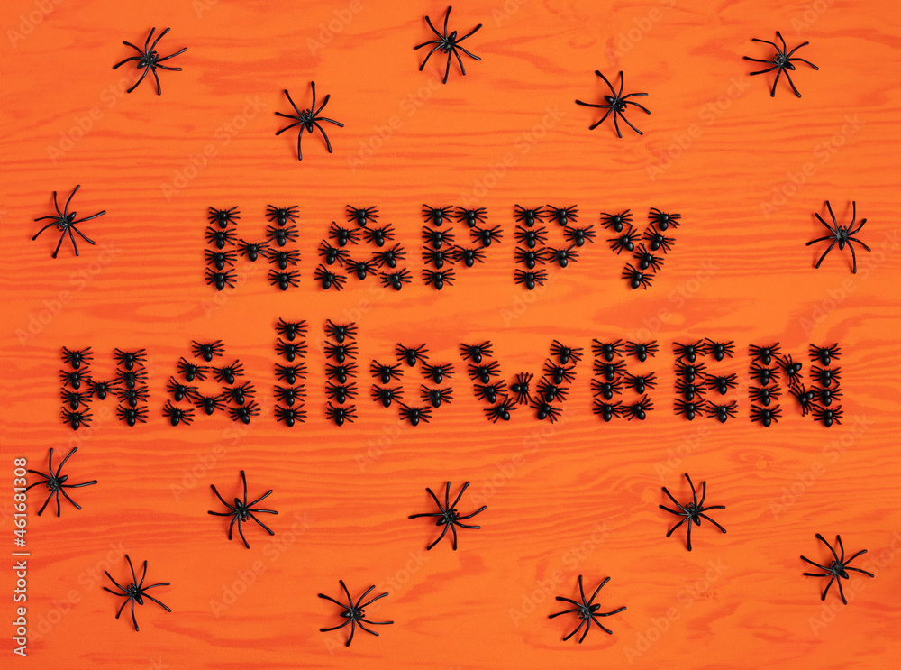 Happy Halloween text. Happy Halloween inscription made of spiders on orange background. Greeting card or invitation for a party. Flat lay, overhead.