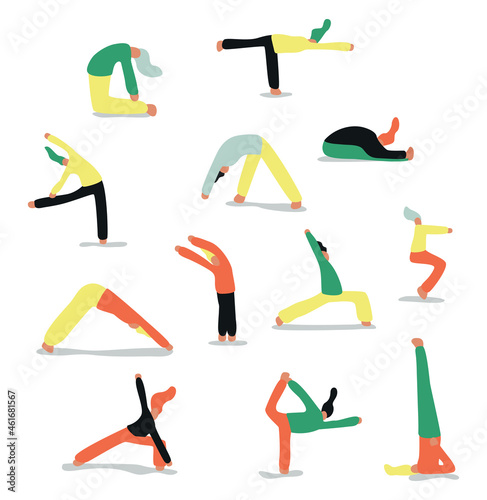 Vector illustration with people doing yoga. Cartoon charcter