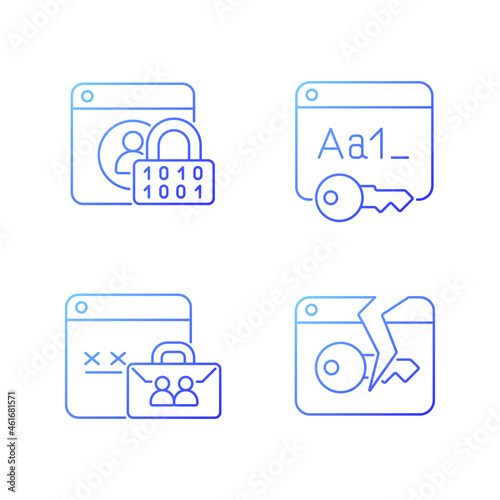 Password encryption gradient linear vector icons set. Internet safety. Corporate system security. Password management. Thin line contour symbols bundle. Isolated outline illustrations collection