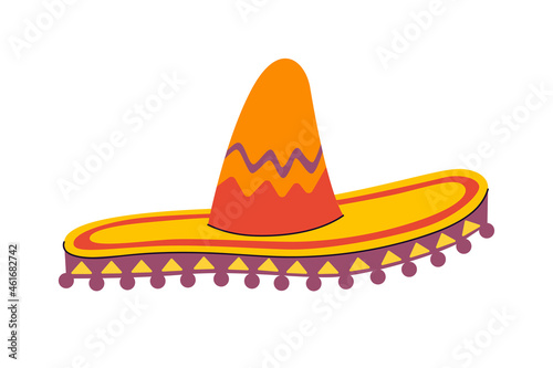 Traditional mexican wide brimmed sombrero hat. Mexico national hand drawn headdress. Vector eps illustration isolated on white background