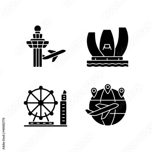 Tourist attractions in Singapore black glyph icons set on white space. Changi airport. Artscience museum. Observation wheel. Air traffic control. Silhouette symbols. Vector isolated illustration