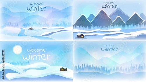 Flat winter cartoon style landscape. Snowy backgrounds. Snowdrifts. Snowfall,  blizzard, snowy weather. Vector illustration design for poster, book cover, brochure, booklet, magazine, flyer 
