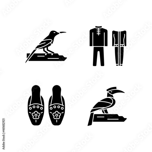 Singaporean bird species black glyph icons set on white space. Traditional Singapore costume. Beaded slippers. Tropical birds. National dresses. Silhouette symbols. Vector isolated illustration