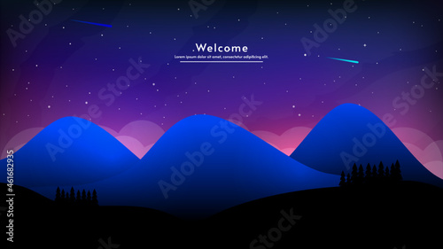 Color lights at night landscape. Cartoon 2d style. Bright lights  comets and stars in the dark sky. View from forest to hill. Vector illustration. Vector silhouette valley and forest.