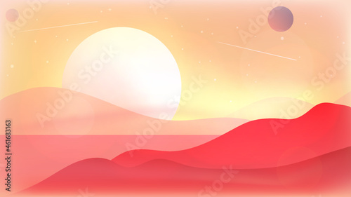 Fototapeta Naklejka Na Ścianę i Meble -  Vector illustration, cartoon 2D style. Evening or morning. Yellow sky with stars, comets and planets. Beautiful landscape with fog effects.  